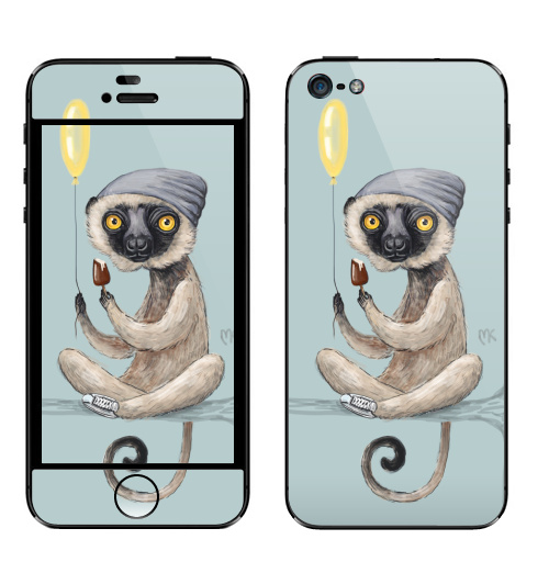 Наклейка на Телефон Apple iPhone 5 Лемур и мороженое,  купить в Москве – интернет-магазин Allskins, лемур, животные, сифака, обезьяна, мартышка, шапка, кроссовки, воздушныйшарик, желтый