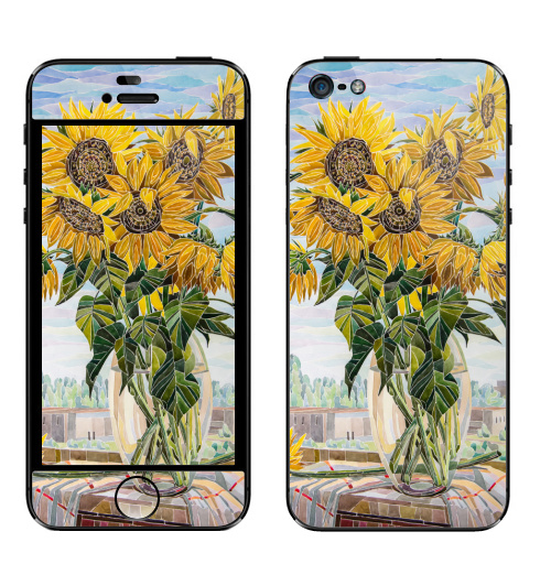 Наклейка на Телефон Apple iPhone 5 Солнце на окошке,  купить в Москве – интернет-магазин Allskins, ваза, лето, окно, букет, цветы, подсолнухи