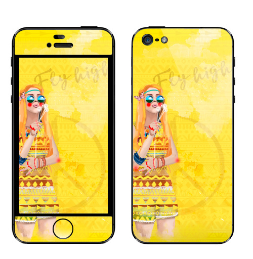 Наклейка на Телефон Apple iPhone 5 Девушка Хиппи,  купить в Москве – интернет-магазин Allskins, девушка, лето, желтый, оранжевый, хиппи, очки, рыжая, любовь, солнце