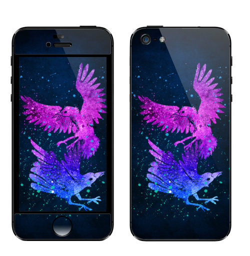 Наклейка на Телефон Apple iPhone 5 Вороны,  купить в Москве – интернет-магазин Allskins, птицы, Крылья, яркий, ворона, брызги, краски
