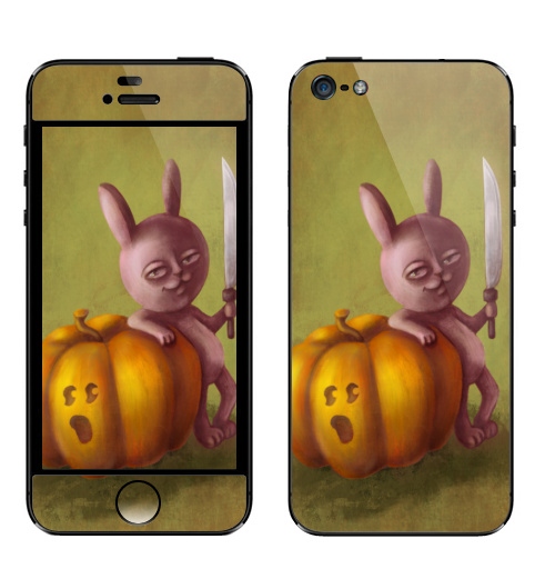 Наклейка на Телефон Apple iPhone 5 Зайчик и тыква,  купить в Москве – интернет-магазин Allskins, оранжевый, зеленый, осень, заяц, хэллоуин, нож, тыква