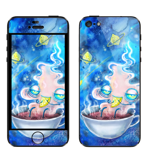 Наклейка на Телефон Apple iPhone 5 Чайная вселенная,  купить в Москве – интернет-магазин Allskins, иллюстация, акварель, кошка, чай и кофе, чайник, синий, фэнтези, магия, волшебные