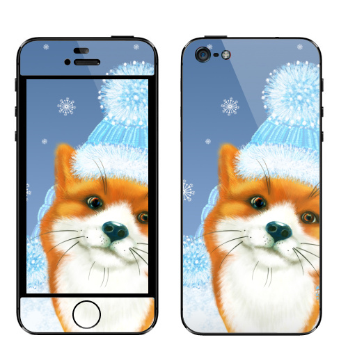 Наклейка на Телефон Apple iPhone 5 Зимний лисёнок,  купить в Москве – интернет-магазин Allskins, лиса, рыжая, зима, пушистый, снег, шапка