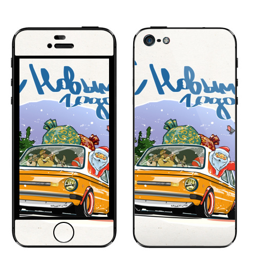 Наклейка на Телефон Apple iPhone 5 Новогоднее ралли,  купить в Москве – интернет-магазин Allskins, новый год, дед, мороз, ралли, автомобиль, Запорожец, запрожец