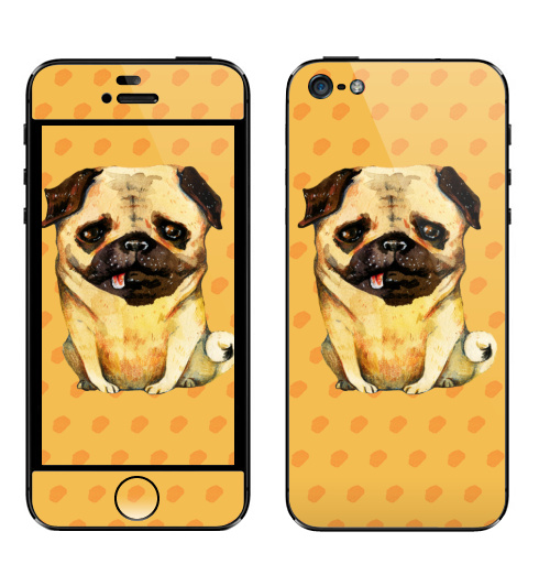 Наклейка на Телефон Apple iPhone 5 Сидящий мопс,  купить в Москве – интернет-магазин Allskins, крутые животные, домашние, коричневый, бежевый, мультфильмы, животные, графика, акварель, Мопс, собаки, милые животные