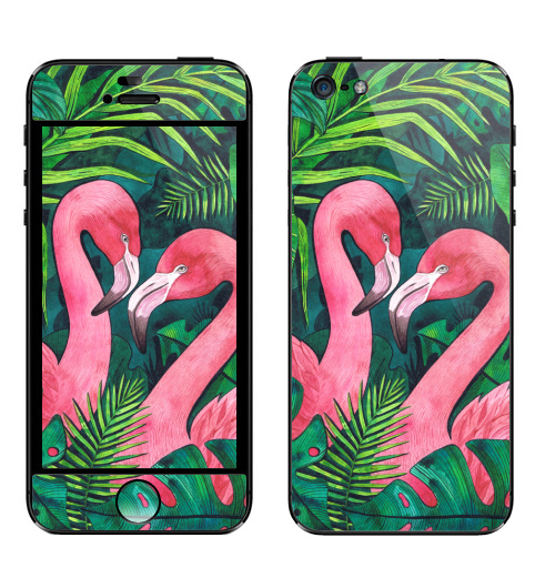 Наклейка на Телефон Apple iPhone 5 Тропические Фламинго,  купить в Москве – интернет-магазин Allskins, розовый, фламинго, птицы, тропики, фауна, акварель, лето, зеленый, 14 февраля