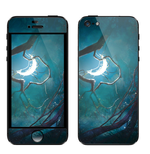 Наклейка на Телефон Apple iPhone 5 Ночная фантазия,  купить в Москве – интернет-магазин Allskins, фантазия, деревья, иллюстация, ночь, лес, месяц, солнце, концепт