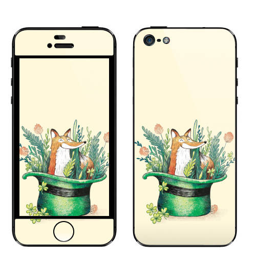Наклейка на Телефон Apple iPhone 5 Ирландский лис,  купить в Москве – интернет-магазин Allskins, лиса, Ирландия, клевер, шляпа