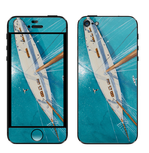 Наклейка на Телефон Apple iPhone 5 Каникулы на яхте,  купить в Москве – интернет-магазин Allskins, аникулыы, отдых, вода, бирюзовый, мачты, лазурный, белый, морская, яхта