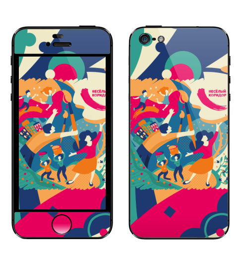 Наклейка на Телефон Apple iPhone 5 Веселый Коридор,  купить в Москве – интернет-магазин Allskins, яркий, розовый, домики, люди, иллюстация, детские, краски, коридор, веселый