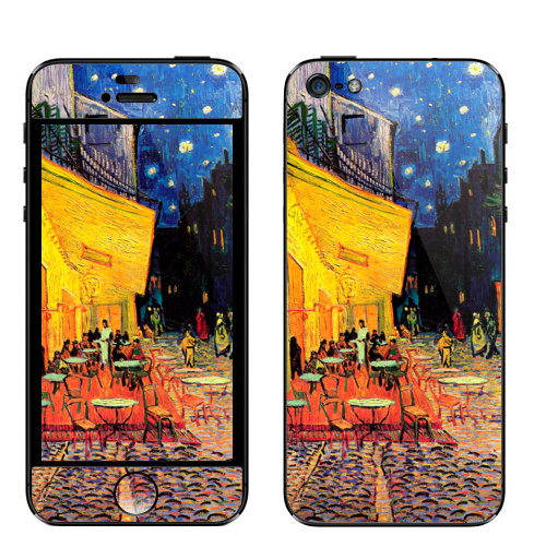 Наклейка на Телефон Apple iPhone 5 Ночная террасса кафе. Ван Гог,  купить в Москве – интернет-магазин Allskins, позитив, жизнерадостный, Ночнаятеррасса, Ван Гог, живописный, желтый, синий, красный, живопись, художник, художественный, мазки, кафе, ночь, плакат