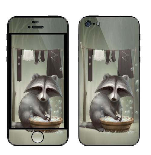 Наклейка на Телефон Apple iPhone 5 Енот полоскун,  купить в Москве – интернет-магазин Allskins, милые животные, прикол, животные, лес, пузырьки, мыльный, стирка, енот