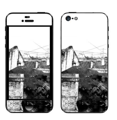 Наклейка на Телефон Apple iPhone 5 Туманный город,  купить в Москве – интернет-магазин Allskins, черно-белое, город, городскойстиль, серый, сером, графика, Питер