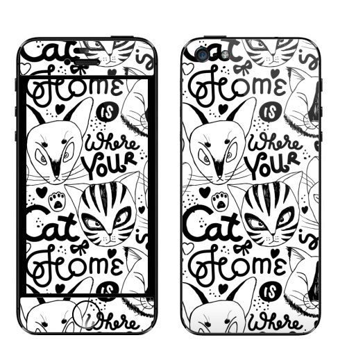 Наклейка на Телефон Apple iPhone 5 Твой дом там, где твой кот живет. Белый цвет,  купить в Москве – интернет-магазин Allskins, черно-белое, надписи на английском, надписи, монохромный, белый, черный, кошка, котята