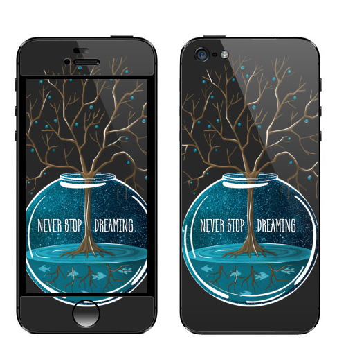Наклейка на Телефон Apple iPhone 5 Не переставай мечтать,  купить в Москве – интернет-магазин Allskins, мечта, синий, бирюзовый, космос, деревья, рыба, вода, гики, растр, галактика