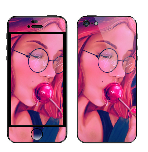 Наклейка на Телефон Apple iPhone 5 Девушка с чупачупсом,  купить в Москве – интернет-магазин Allskins, девушка, чупачупс, конфетти, розовый, молодость