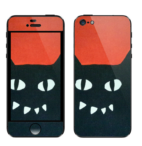 Наклейка на Телефон Apple iPhone 5 Черный кот на красном.,  купить в Москве – интернет-магазин Allskins, кошка, животные, Красночерный, черный, черныйкот, красный, Глазищи, зубастый