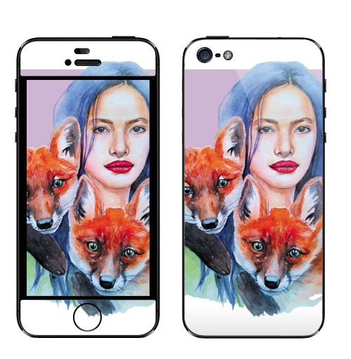 Наклейка на Телефон Apple iPhone 5 Тотем лисы,  купить в Москве – интернет-магазин Allskins, Тотемы, девушка, животные, красота, акварель, лиса, лисы, рыжая
