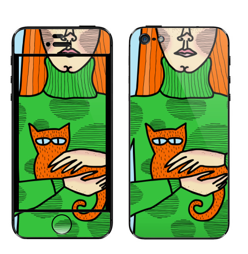 Наклейка на Телефон Apple iPhone 5 Лучший друг кот,  купить в Москве – интернет-магазин Allskins, кошка, девушка, дружба, рыжая, яркий