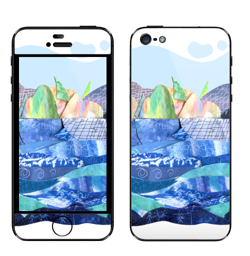 Наклейка на Телефон Apple iPhone 5 Коллаж с пейзажем, озеро и скалы,  купить в Москве – интернет-магазин Allskins, коллаж, радость, круто, детские, школьный, озеро, природа, синий, бумага, голуой