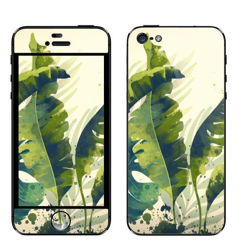 Наклейка на Телефон Apple iPhone 5 Ветки пальм,  купить в Москве – интернет-магазин Allskins, пальма, ветка, рисунки, акварель, природа, экзотика, тропики, зеленый, брызги