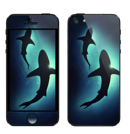 Наклейка на Телефон Apple iPhone 5 Черные акулы,  купить в Москве – интернет-магазин Allskins, брызги, акварель, иллюстация, паттерн, солнце, вода, оекан, морская, рыба, акула