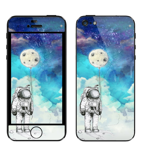 Наклейка на Телефон Apple iPhone 5 Космонавт на луне,  купить в Москве – интернет-магазин Allskins, луна, космонавтика, космонавтики, воздушныйшар, небо, ночноенебо, пейзаж, акварель, сюрреализм, голубой, синий, фиолетовый, стильно, яркий, роскошно, дорого, для_влюбленных, длявсех, космос
