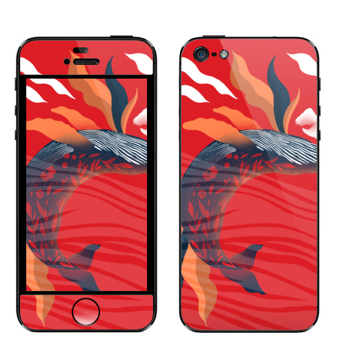 Наклейка на Телефон Apple iPhone 5 Кит цветной,  купить в Москве – интернет-магазин Allskins, классика, киты, океаны, красочный, млекопитающее, красный
