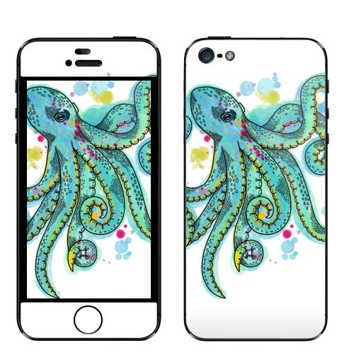 Наклейка на Телефон Apple iPhone 5 Бирюзовый осьминог,  купить в Москве – интернет-магазин Allskins, классика, осьминог, бирюзовый, графика, щупальца, морская