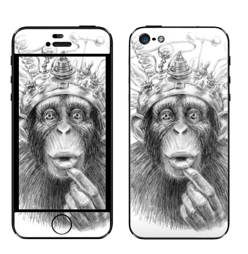 Наклейка на Телефон Apple iPhone 5 Умножитель интеллекта,  купить в Москве – интернет-магазин Allskins, обезьяна, мистика, фантастика, электроника, приматы, интеллект, зеркало, задумчивость, ретро, карандаш, эксперимент, лаборатория, лампочки, графика, космос, эволюция