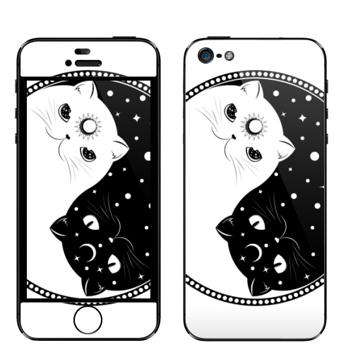 Наклейка на Телефон Apple iPhone 5 Инь янь котик черный и котик белый,  купить в Москве – интернет-магазин Allskins, инь янь, котаны, кошка, черно-белое, ночь, день, полумесяц, звезда, мультяшная, минимализм, абстракция, белый кот, черный кот, символ