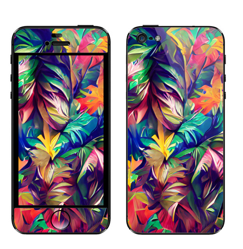 Наклейка на Телефон Apple iPhone 5 Красочные тропические листья,  купить в Москве – интернет-магазин Allskins, психоделика, листья, тропики, лес, яркий, паттерн, абстракция, цвет, экзотика, оригинальность