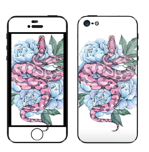 Наклейка на Телефон Apple iPhone 5 Змея и голубые пионы,  купить в Москве – интернет-магазин Allskins, змея, татуировки, пион, цветы, ботаника, акварель, нежно, лес, розовый, голубой, дерзкий, летний, зеленые, рептилии