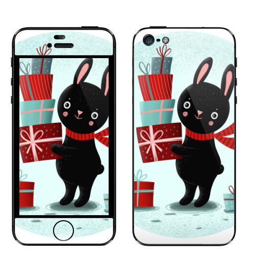 Наклейка на Телефон Apple iPhone 5 Черный кролик с подарками,  купить в Москве – интернет-магазин Allskins, кролики, заяц, читатель, новый год, символ, черный, красный, бирюзовый, символ_года, подарки