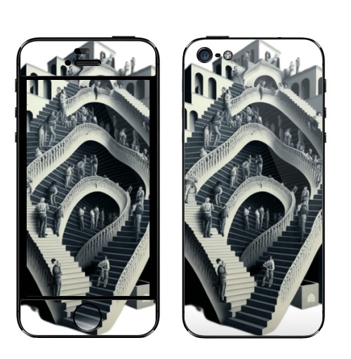 Наклейка на Телефон Apple iPhone 5 Трэш Тор МАК Эшер оптическая иллюзия много лестниц люди идут кто куда,  купить в Москве – интернет-магазин Allskins, сюрреализм, оптическая, иллюзия, лестница, читатель, мусор