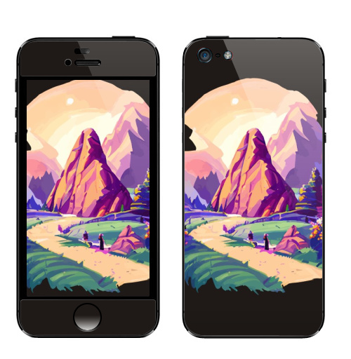 Наклейка на Телефон Apple iPhone 5 Летний горный пейзаж,  купить в Москве – интернет-магазин Allskins, поп-арт, читатель, лето, путешествия, яркий, модный, стильно, молодежный, бежевый, зеленый, фиолетовый, природный, горы, хиппи