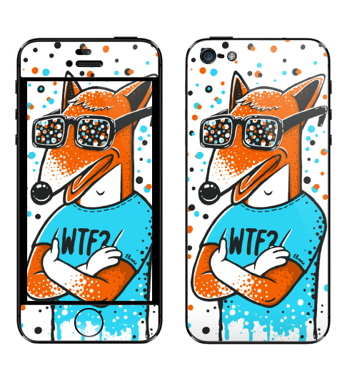 Наклейка на Телефон Apple iPhone 5 WTF?,  купить в Москве – интернет-магазин Allskins, милые животные, 300 Лучших работ, голубой, конфетти, очки, лиса, животные, оранжевый