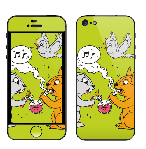 Наклейка на Телефон Apple iPhone 5 Funny friends,  купить в Москве – интернет-магазин Allskins, заяц, белка, дружба, дым, кальян, ноты, птицы