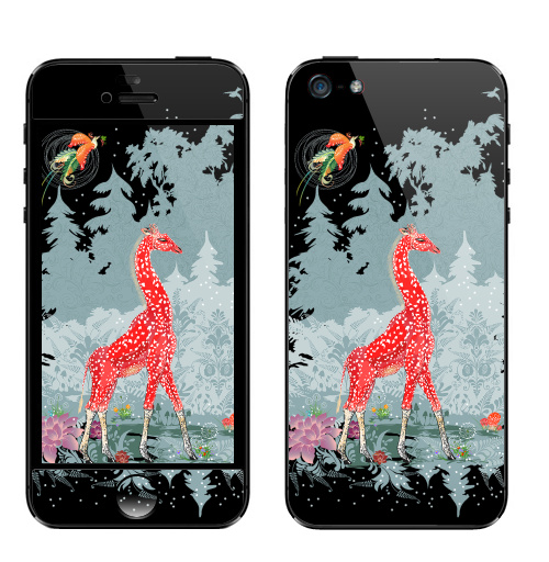 Наклейка на Телефон Apple iPhone 5 Жираф-мухомор в зимнем лесу,  купить в Москве – интернет-магазин Allskins, детские, животные, красный, лес, ночь, природа, сказки, грибы, прикольные_рисунки, милые животные, жираф, серый, новогоднеенастроение, снег