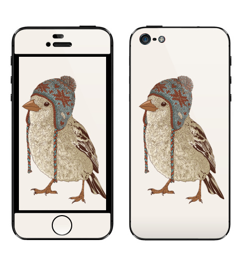 Наклейка на Телефон Apple iPhone 5 Птица в шапке,  купить в Москве – интернет-магазин Allskins, 300 Лучших работ, пипстер, шапка, птицы, зима, новый год, коричневый, крутые животные