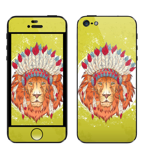 Наклейка на Телефон Apple iPhone 5 ВОЖДЬ ЗВЕРЕЙ,  купить в Москве – интернет-магазин Allskins, индеец, животные, лев, иллюстация, перья