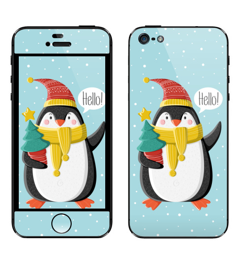 Наклейка на Телефон Apple iPhone 5 Пингвин с ёлкой,  купить в Москве – интернет-магазин Allskins, шапка, снег, новый год, пингвин, детские