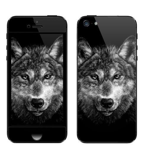 Наклейка на Телефон Apple iPhone 5 Волчище,  купить в Москве – интернет-магазин Allskins, морда, животные, волк, полностьючерный, 300 Лучших работ