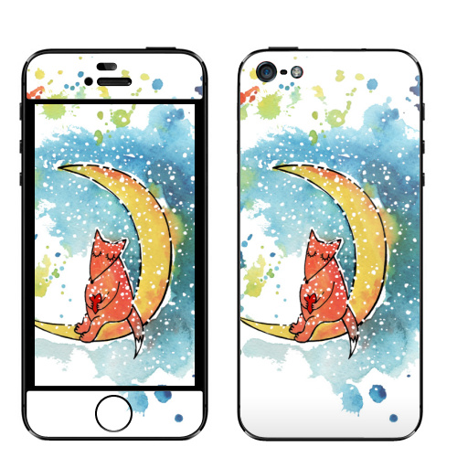 Наклейка на Телефон Apple iPhone 5 Лисичка на луне,  купить в Москве – интернет-магазин Allskins, лиса, животные, рыжий, акварель, живопись, луна