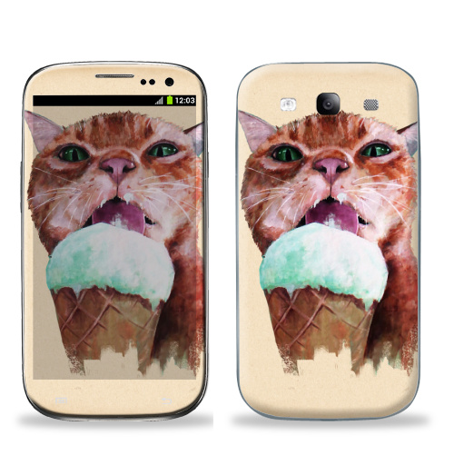 Наклейка на Телефон Samsung Galaxy S3 (i9300) Кот который любит мороженое,  купить в Москве – интернет-магазин Allskins, милые животные, рыжая, лето, мороженое, кошка