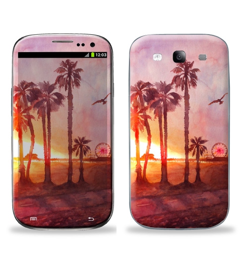Наклейка на Телефон Samsung Galaxy S3 (i9300) Закат в Санта Монике,  купить в Москве – интернет-магазин Allskins, красный, яркий, пейзаж, летний, лето, пальма, пальмы, солнце