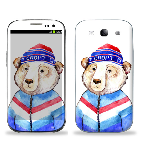 Наклейка на Телефон Samsung Galaxy S3 (i9300) Мишаня,  купить в Москве – интернет-магазин Allskins, крутые животные, милые животные, синий, шапка, животные, спорт, михалыч, медведь, Россия, патриотические