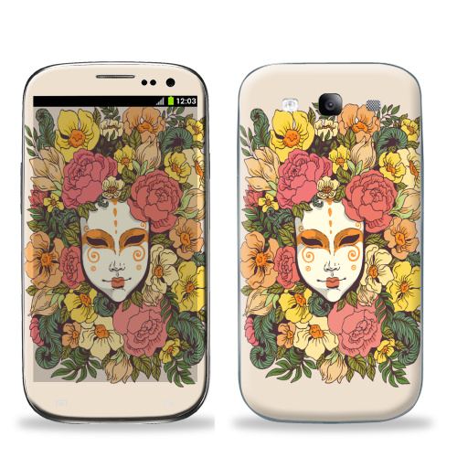 Наклейка на Телефон Samsung Galaxy S3 (i9300) Цветочная маска,  купить в Москве – интернет-магазин Allskins, весна, лицо, цветы, маска, узор, декоративный, растение, букет, желтый