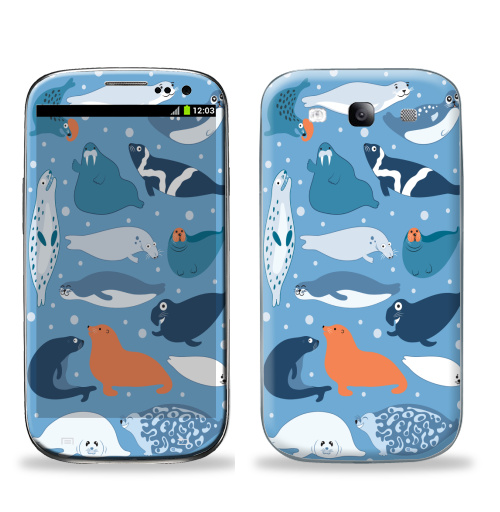 Наклейка на Телефон Samsung Galaxy S3 (i9300) Ластоногие,  купить в Москве – интернет-магазин Allskins, мимими, веселый, забавный, тюлень, тюлени, морж, белёк, голубой, морская