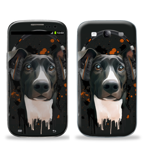 Наклейка на Телефон Samsung Galaxy S3 (i9300) Пёс меломан,  купить в Москве – интернет-магазин Allskins, крутые животные, собаки, веселый, черный, животные, меломан, музыка, милые животные